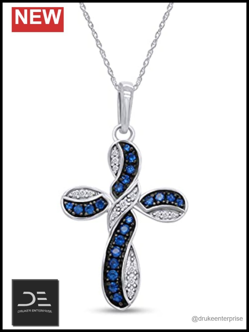 Twisted Cross Pendant Necklace 14k Gold over Sterling Silver Blue Sapphire CZ